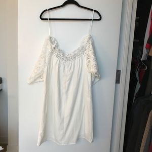 White off the shoulder, lace sleeve dress - S